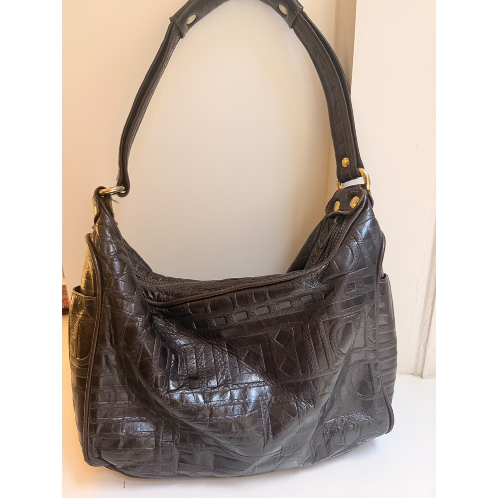 Due Fratelli Genuine Leather Embossed Geometric Hobo Shoulder Bag Brown Canada